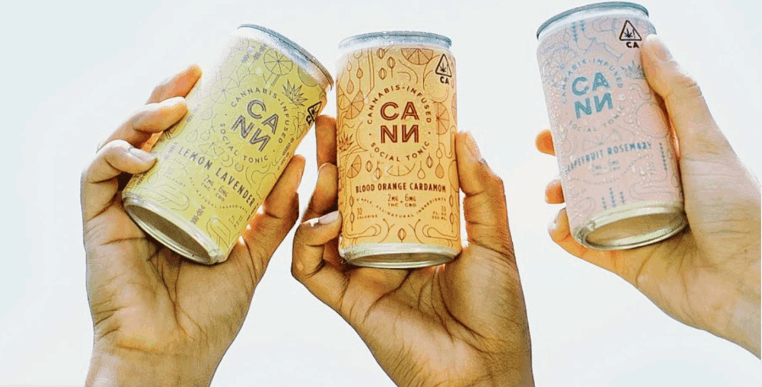 Three hands raising Cann cans against a bright sky