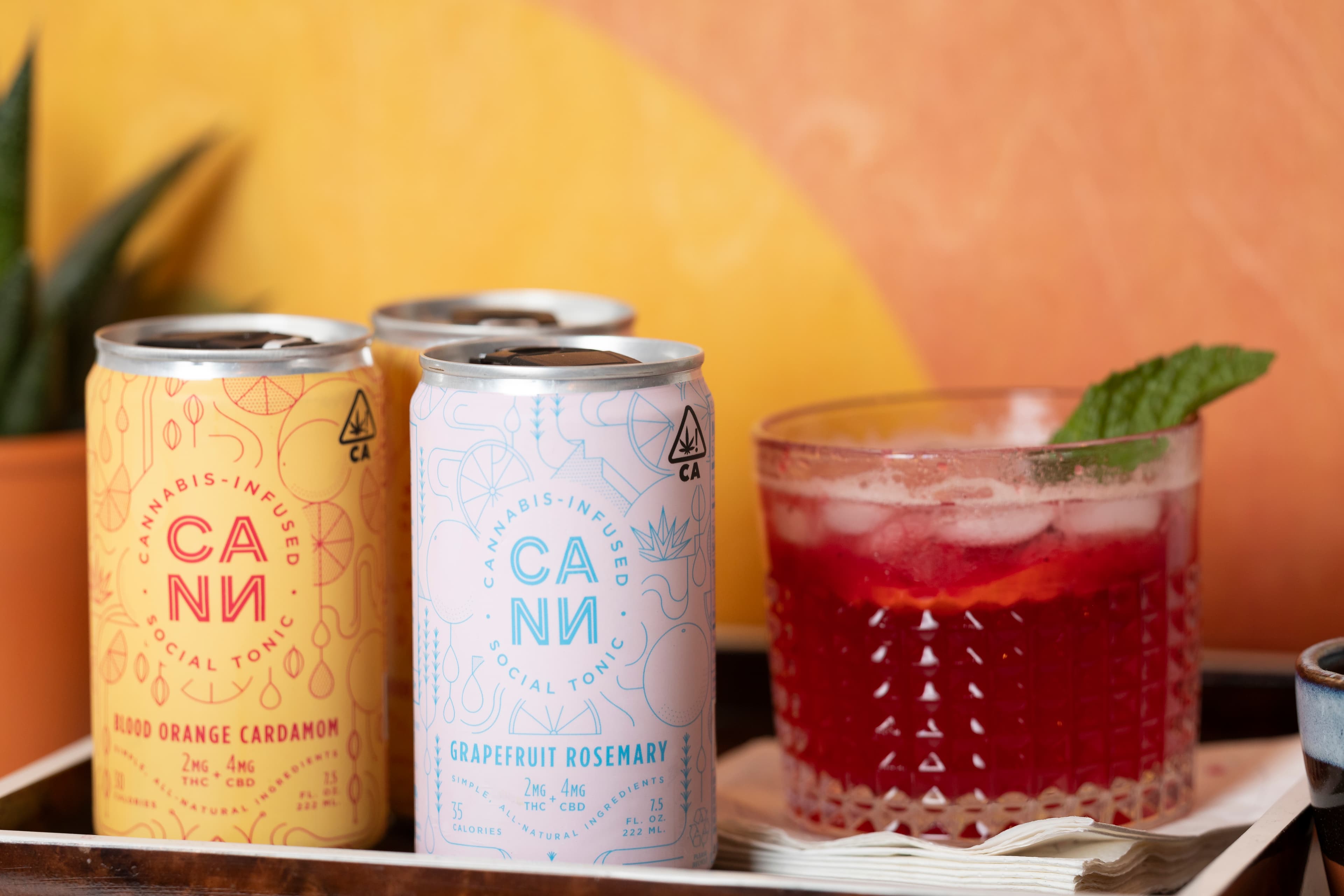 Cann blood orange cardamom and grapefruit rosemary cans beside a red drink garnished with mint