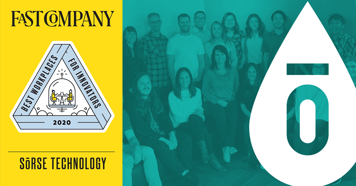 Fast Company Best Workplaces for Innovators 2020 badge for SōRSE Technology, beside a photo of the SōRSE team