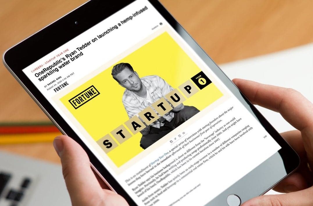 Fortune article on Ryan Tedder launching a hemp-infused sparkling water brand, shown on a tablet