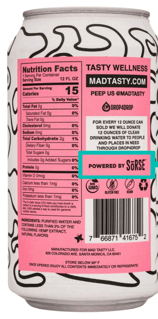 Back of a Mad Tasty can with the Powered by SōRSE mark highlighted on the nutrition label
