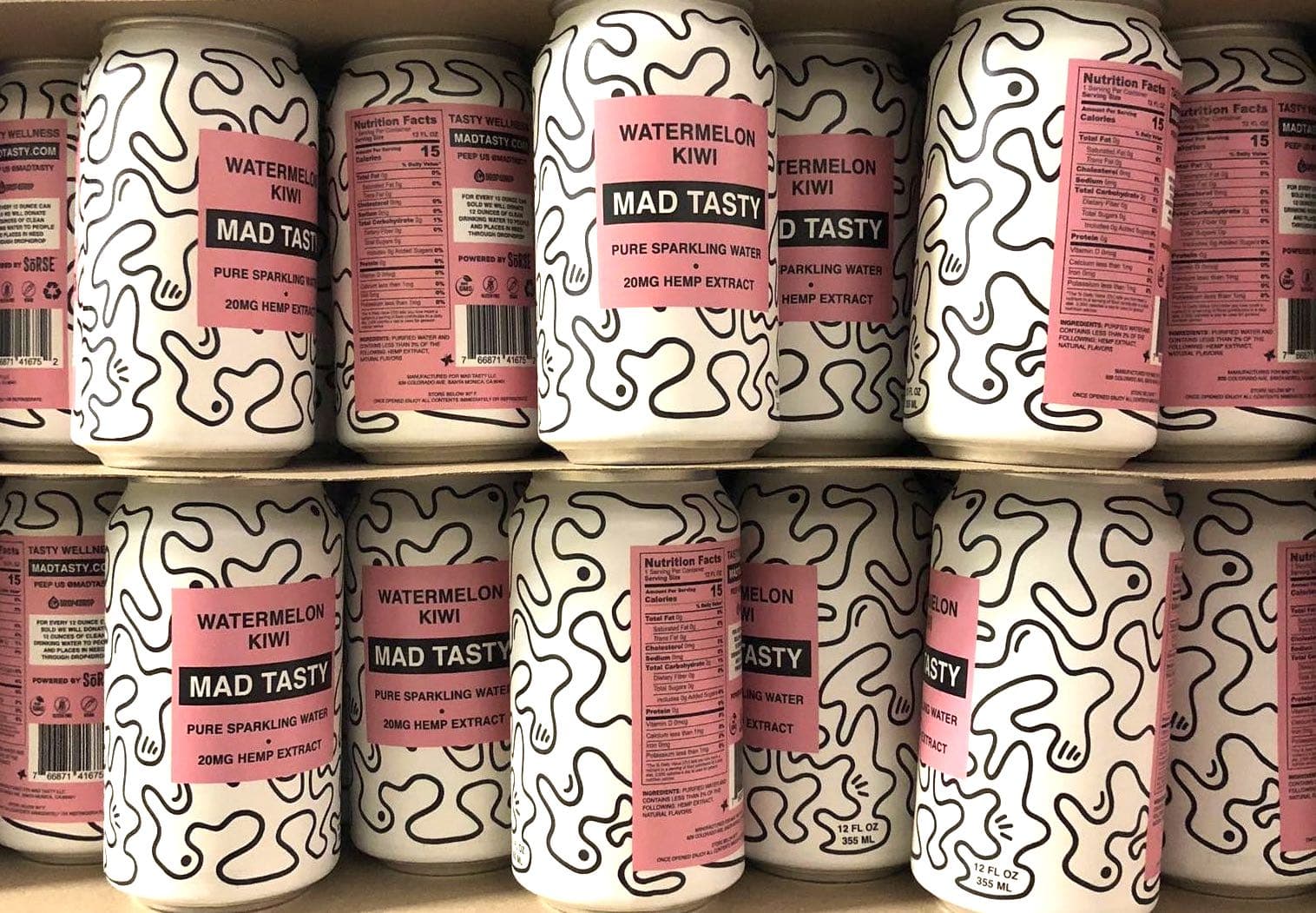 Rows of Mad Tasty hemp-infused sparkling water cans on a shelf