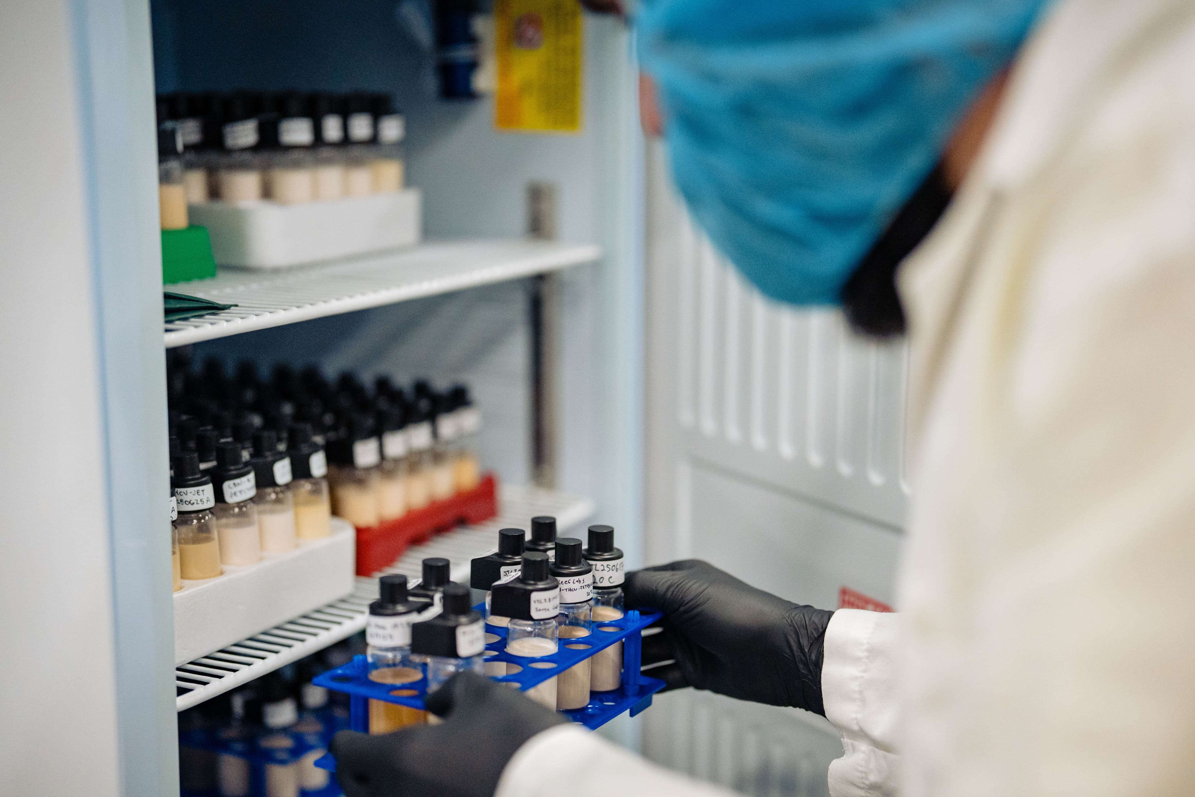 Gloved hands placing a rack of sample vials into a lab refrigerator
