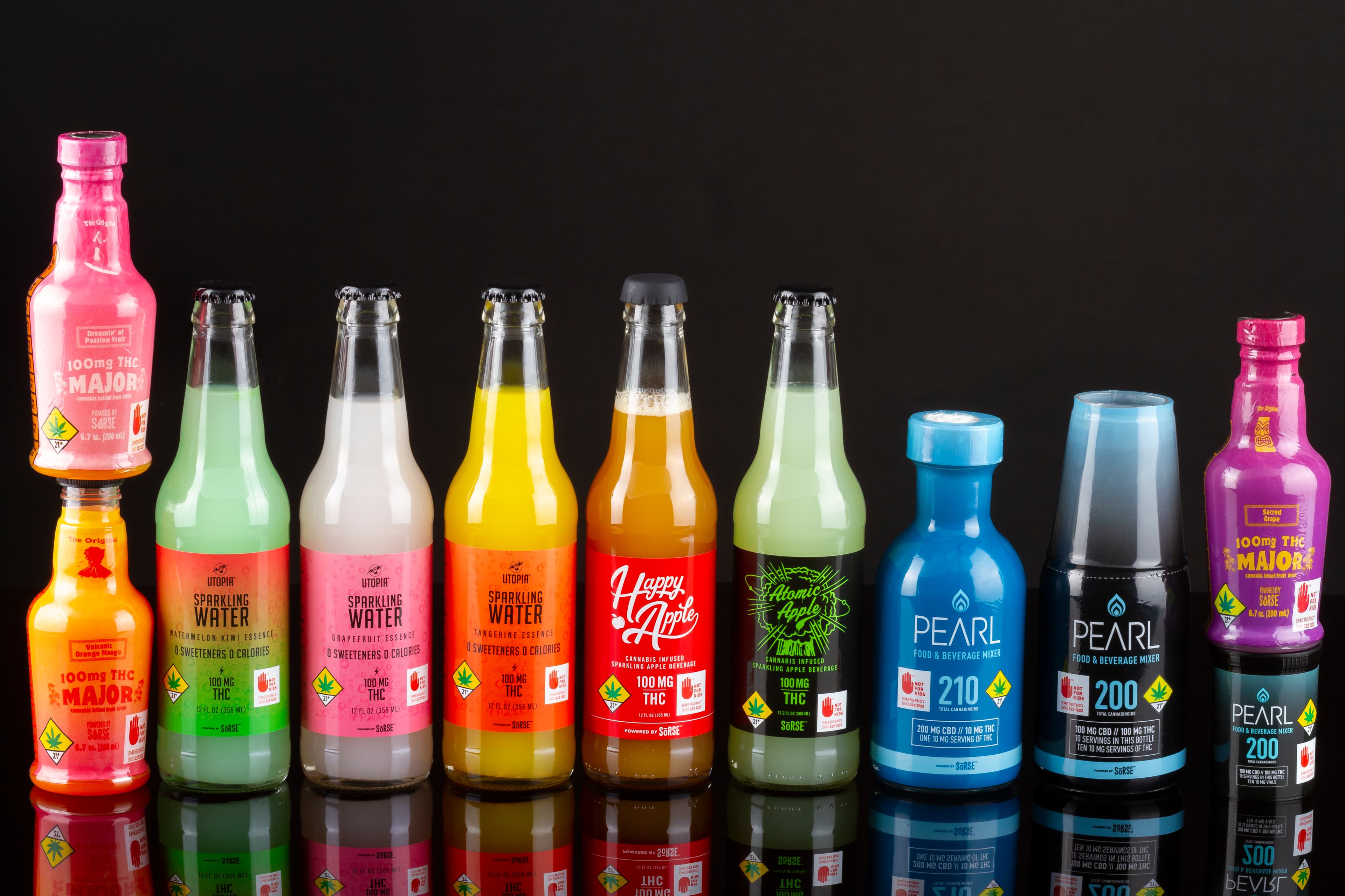 A lineup of infused beverage bottles, including Major and Pearl, on a black background